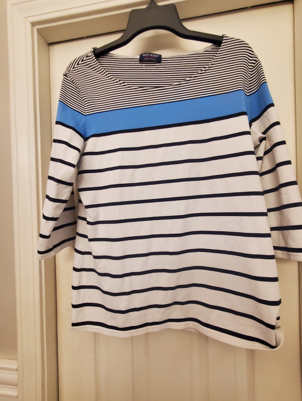 Saint James White, Navy & Bright Blue Striped Boatneck Top Size 14